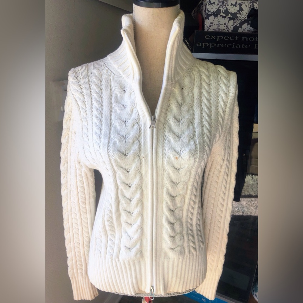 Banana Republic Zip Front Cable Knit Sweater White - Large